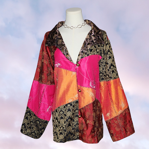 Vintage Jackets & Blazers - Vtg 90s Indigo Moon Patchwork Bright Colorful Funky Festival Rave Coat Sz XXL